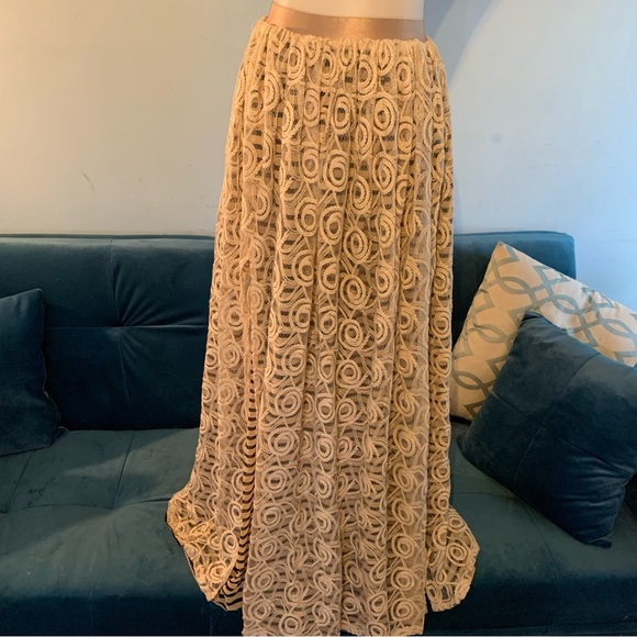 Fracomina lace maxi skirt 42 s small beige EUC striped lined slit - Picture 11 of 11